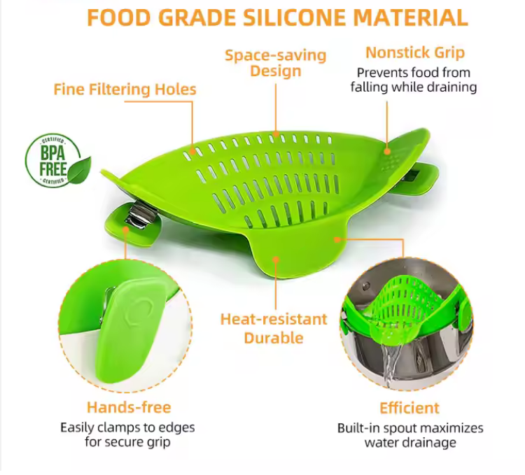 Universal Food Colanders Strainers – Heat Resistant Silicone Clip-On Pot Strainer for Pasta, Veggies, and More