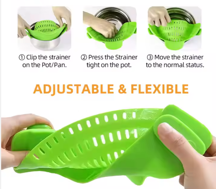 Universal Food Colanders Strainers – Heat Resistant Silicone Clip-On Pot Strainer for Pasta, Veggies, and More